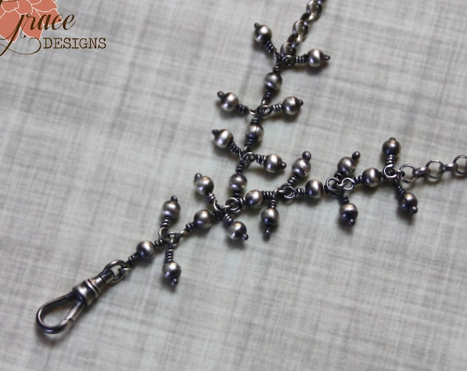 Sterling Silver Lanyard Necklace, Badge Holder, Oxidized Sterling Silver Beads, Hammered Rings, Silver Chain