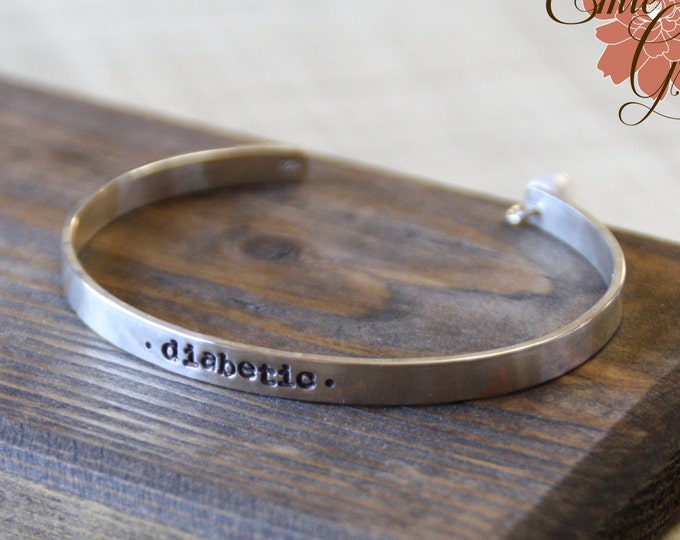 Medical Alert Bracelet, 5mm Cuff Bracelet w/ Pearl, Sterling Silver, 14K Solid Gold, Yellow, Rose, Personalized Message, Hand Stamped