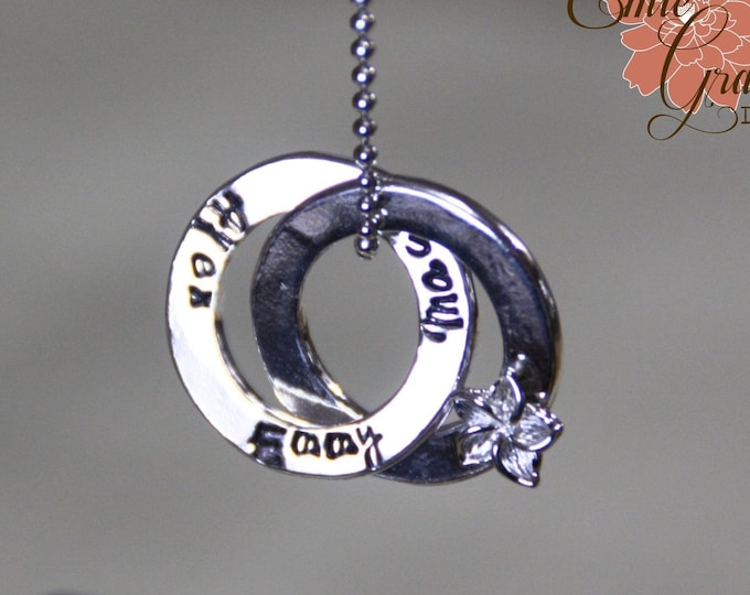 Sterling Silver Rings Necklace with Plumeria Flower, Handstamped Names, Mothers Necklace