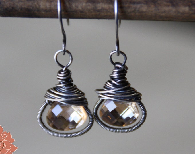 Champagne Gold Crystal and Sterling Silver Earrings, Gemstone Drop Earrings, Wire Wrapped - READY TO SHIP