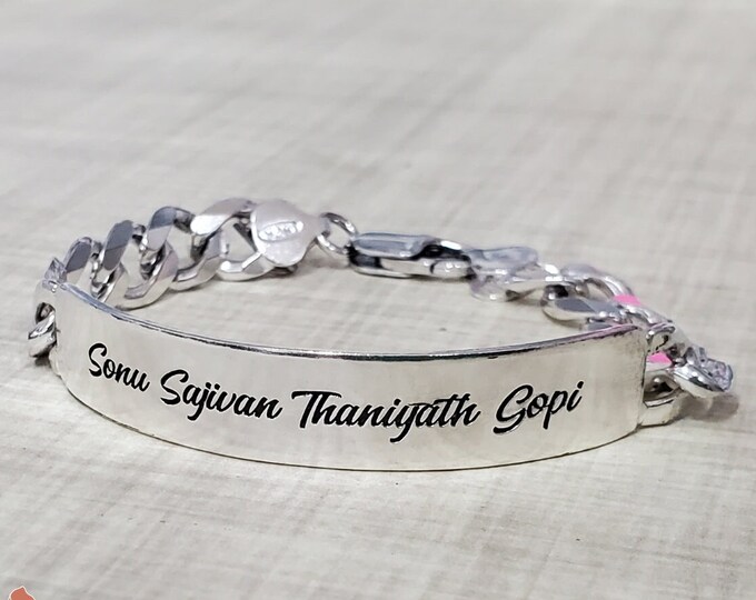 Thick Sterling Silver Bar Bracelet, Identification Bracelet, Engraved Jewelry, Personalized Message