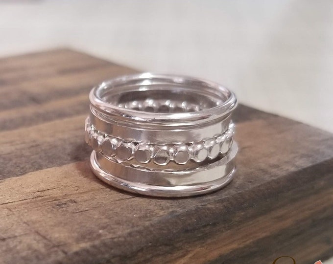 Sterling Silver Stacking Rings, Set of Five, Round, Rectangular and Dot Bands