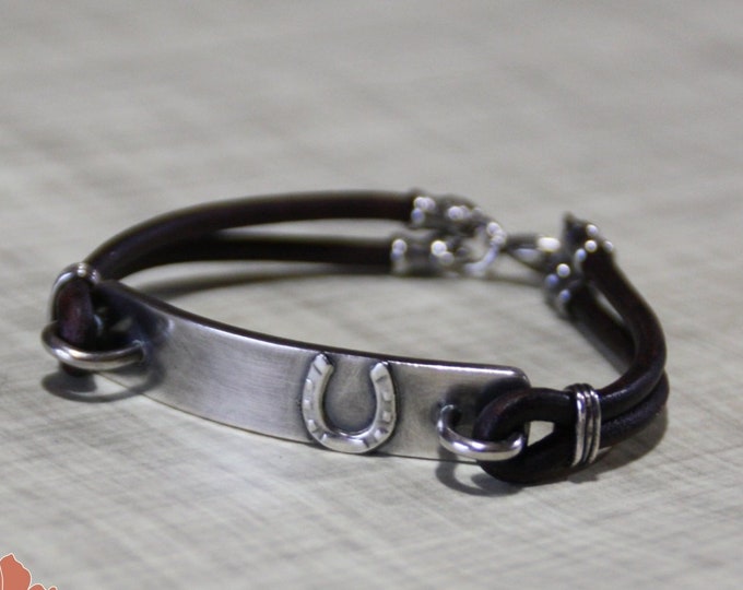 Silver Horseshoe Bracelet, Sterling Silver Bar, Leather Cord, Rustic - READY TO SHIP
