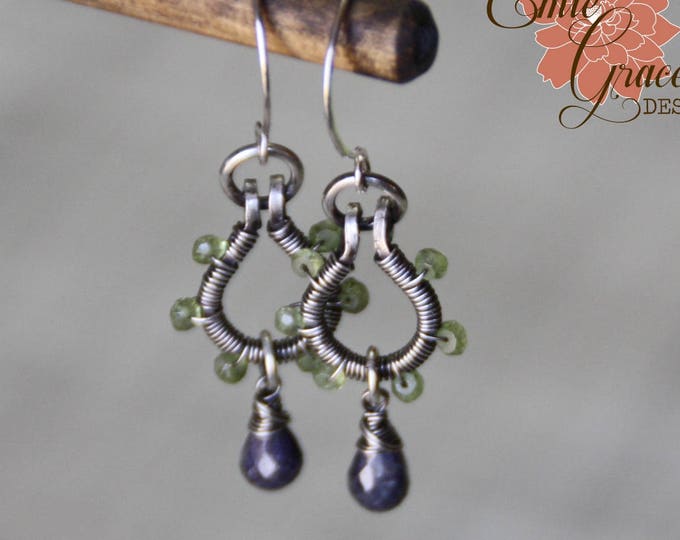 Blue Sapphire and Green Peridot with Sterling Silver Chandelier Earrings, Wrapped Hoops with Gemstone Drops - READY TO SHIP