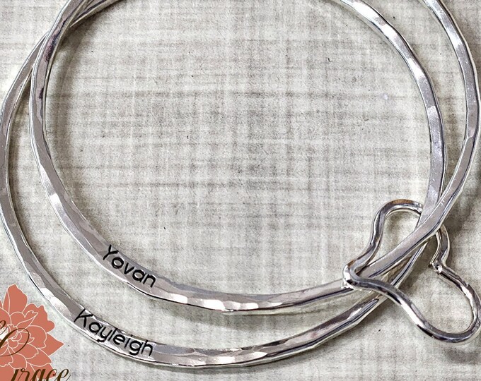 Mothers Names Bracelet, Sterling Silver Engraved Bangles, Silver Heart, Moms Gift, Grandma Gift, Personalized