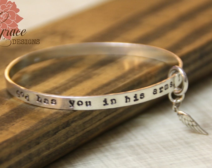 God Has You in His Arms, I Have You in My Heart, Sterling Silver Bangle Bracelet with Angel Wing, Memorial Bracelet