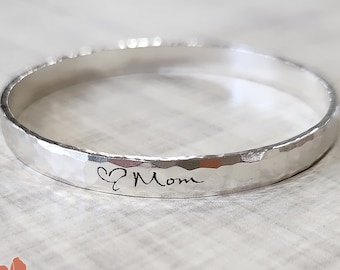 Hammered Silver Bangle with Engraved Handwriting, 8mm Sterling Silver Message Bracelet, Memorial Bracelet, Signatures, Custom Text