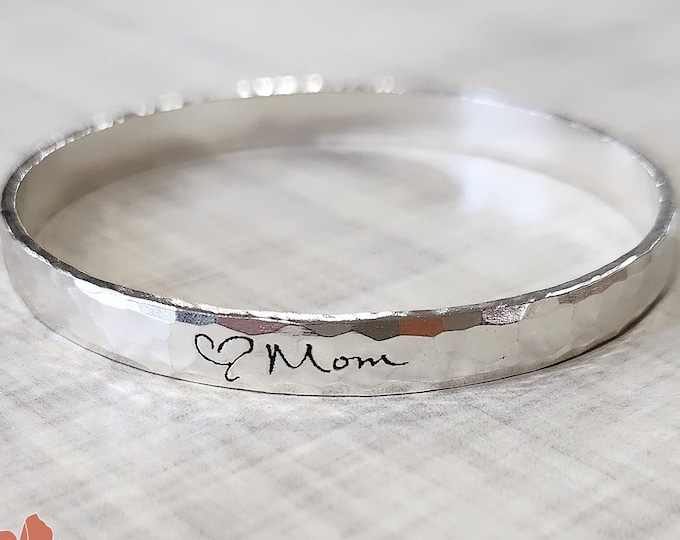 Hammered Silver Bangle with Engraved Handwriting, 8mm Sterling Silver Message Bracelet, Memorial Bracelet, Signatures, Custom Text