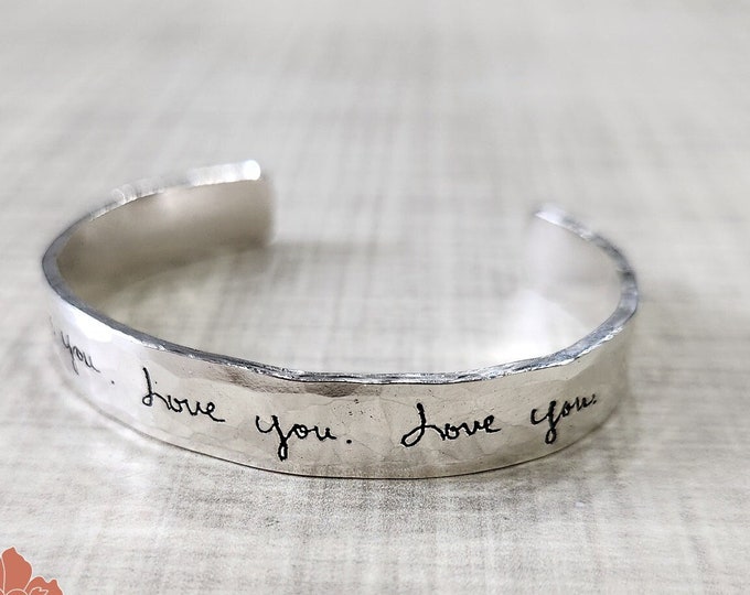 Engraved Handwriting Cuff Bracelet, Sterling Silver 8mm Hammered Cuff, Personalized Message, Engraved Bangle