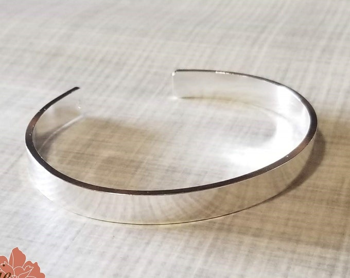 Thick Sterling Silver Cuff Bracelet, 8mm Smooth Cuff, Personalized Message, Hand Stamped Message Bangle