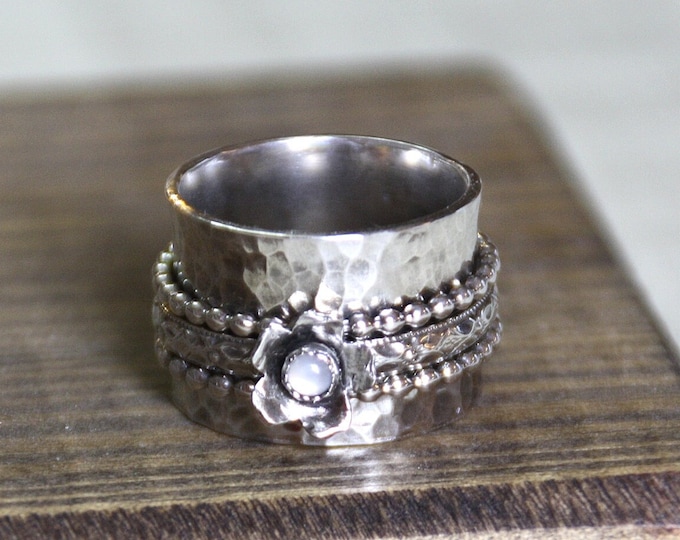 Flower Spinner Ring, Sterling Silver & Clear Quart Gemstone Fidget Ring, Spinning Bands, Personalized Jewelry, Hidden Message
