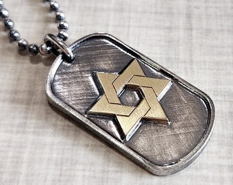 Sterling Silver and 18K Gold Star of David Dog Tag Necklace, Rustic Oxidized, Hidden Engraved Personalization, Jewish Jewelry