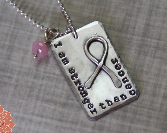 I Am Stronger Than Cancer Dog Tag Necklace, Sterling Silver,Breast Cancer Necklace, Silver Dog Tag, Pink Jade, Awareness Ribbon