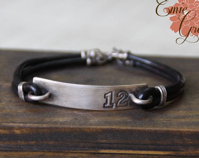 12th Man Silver Bar Bracelet, Men's Sterling Silver and Leather Bracelet, Hand Stamped - READY TO SHIP