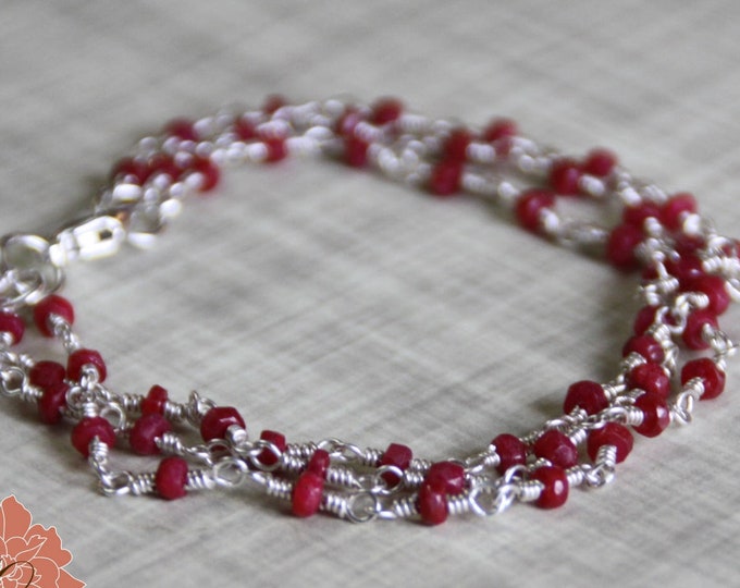 Ruby and Sterling Silver Three Strand Gemstone Bracelet, Multi Strand, Valentines Day