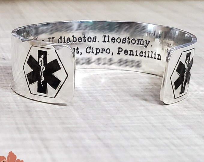 Medical Alert Cuff Bracelet, Engraved 15mm Thick Sterling Silver Cuff Bracelet, Custom Message, Personalized Bangle