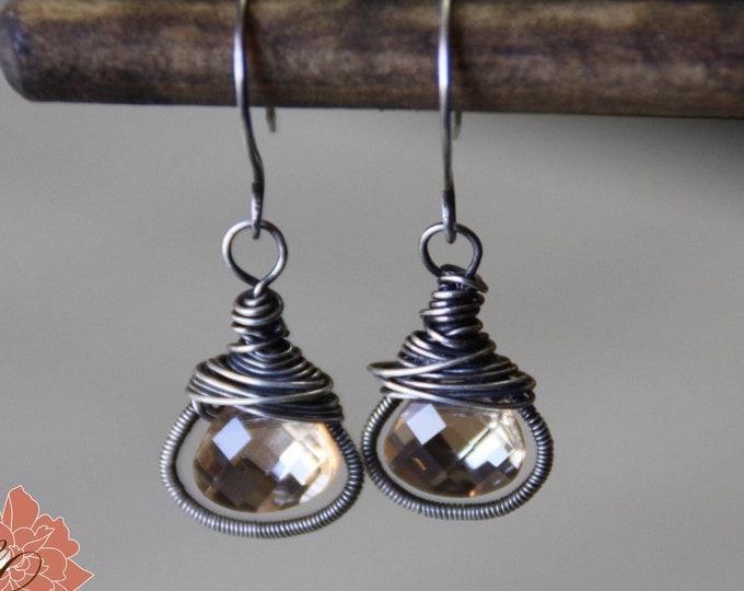 Champagne Gold Crystal and Sterling Silver Earrings, Gemstone Drop Earrings, Wire Wrapped Briolettes