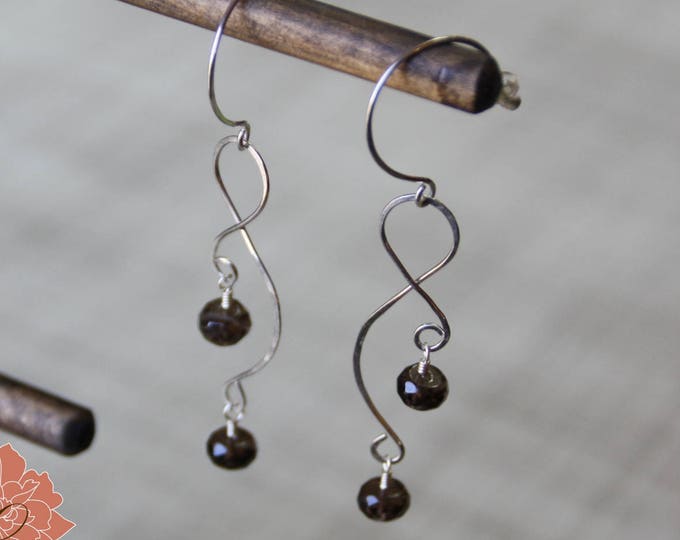 Sterling Silver and Smokey Quartz Scroll Earrings, Gemstone Drop Earrings - READY TO SHIP