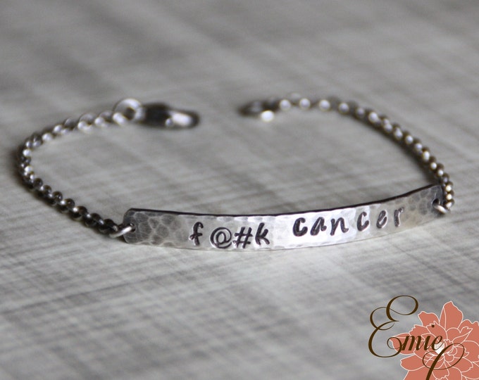 Sterling Silver "F@#k Cancer" Bracelet, Hand Stamped, Minimalist Silver Bar, Nameplate