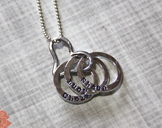 Fine Silver Rings Necklace, Fine Silver Heart, Handstamped Names, Mothers Necklace
