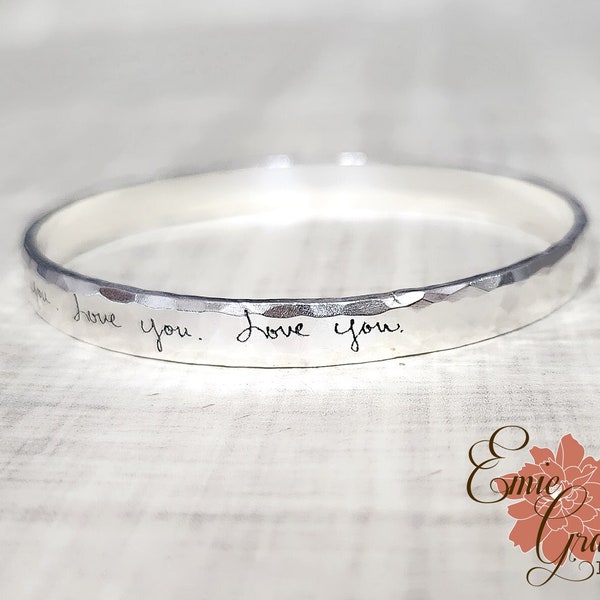 Engraved Handwriting Hammered Silver Bangle, 6mm Sterling Silver Message Bracelet, Signatures, Custom Text, Memorial Bracelet