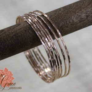 14K Solid Rose Gold Bangle Bracelet, Individual Bangle, Hammered Thin Rose Gold Bracelet