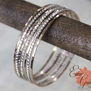 Bangle Bracelet Set of Seven, Sterling Silver and Rose Gold Filled Stacking Bangles, Hammered Dot and Skinny Hammered