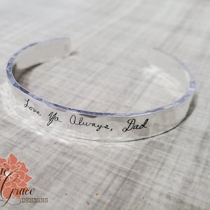 Engraved Handwriting Cuff Bracelet, Sterling Silver 6mm Hammered Cuff, Personalized Message, Engraved Bangle
