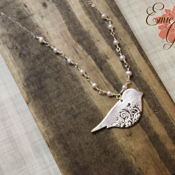 Silver Filigree Bird Necklace, Fine Silver, Sterling Silver, Freshwater Pearls, Precious Metal Clay, PMC