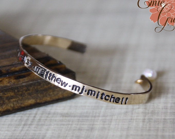 Mom's Bracelet, 5mm Sterling Silver, Yellow Gold, Rose Gold Filled Cuff w/ Pearl, Names, Personalized Message, Grandma Gift, Hand Stamped