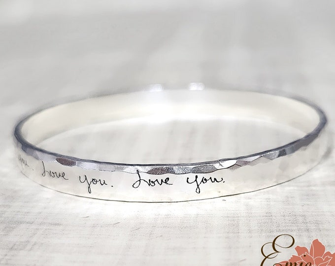 Engraved Handwriting Hammered Silver Bangle, 6mm Sterling Silver Message Bracelet, Signatures, Custom Text, Memorial Bracelet