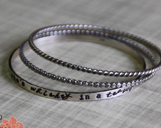 She's Whiskey in a Teacup Bangle Bracelet Set, Sterling Silver Bangles Set, Dots, Twist, Hand Stamped