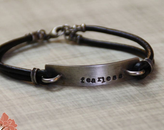 Men's Silver Bar Bracelet, Fearless, Sterling Silver, Black Leather Cord, Rustic - READY TO SHIP