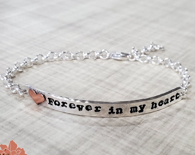 Sterling Silver Bar Bracelet, Forever in My Heart, Copper Heart, Memorial Bracelet, Hand Stamped Jewelry