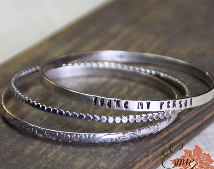 Custom Message Bangle Bracelet Set, Sterling Silver Bangles, Dots, Floral, Hand Stamped