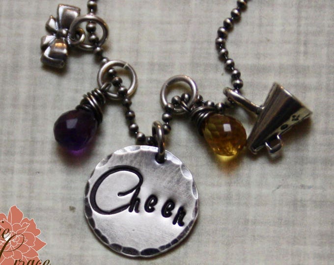 Sterling Silver Cheer Necklace, Team Colors, Gemstone, Megaphone, Cheer Bow, Team Necklace - READY TO SHIP -