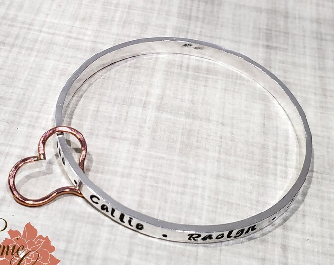 Hammered Bangle Bracelet with Gold Filled Heart, Sterling Silver Mom's Bracelet, Personalized Message, Grandmas Bracelet, Hand Stamped Names