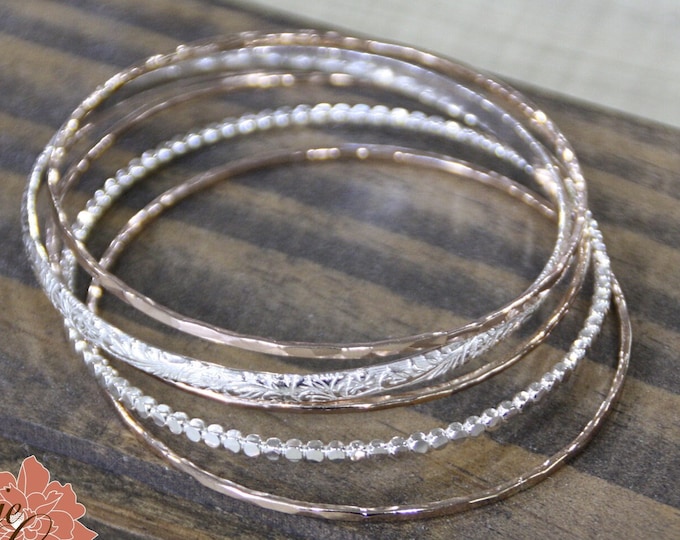 Bangle Bracelet Set of Five, Sterling Silver and Rose Gold Filled Stacking Bangles, Dot, Floral and Skinny Hammered