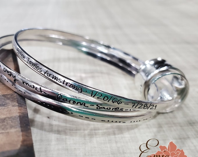 Sterling Silver Personalized Bangles w/ Spinner Ring, Engraved Custom Message