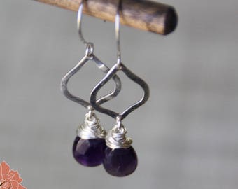 Amethyst and Sterling Silver Earrings, Silver Petals, Gemstone Drop Earrings, Wire Wrapped Briolettes, Tear Drops - READY TO SHIP