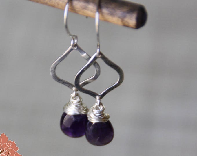Amethyst and Sterling Silver Earrings, Silver Petals, Gemstone Drop Earrings, Wire Wrapped Briolettes, Tear Drops - READY TO SHIP