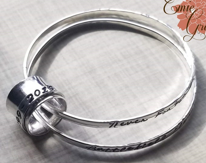 Sterling Silver Personalized Bangles w/ Stamped Spinner Ring, Hand Stamped Custom Message