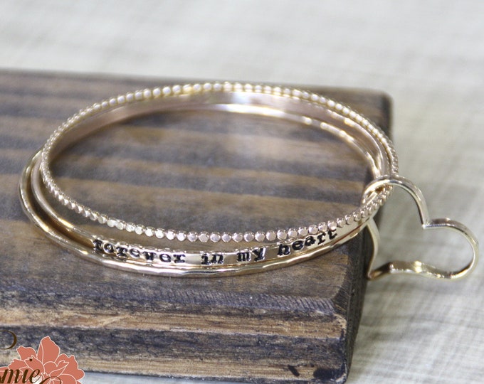 8" Mom Memorial Bracelet Set, Yellow Gold Filled Bangles with Mom Heart, Set of Three, Hand Stamped - READY TO SHIP