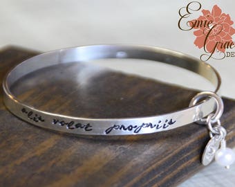 Alis Volat Propriis, Sterling Silver Bangle Bracelet, Silver Bird, Pearl, Hand Stamped, She Flies with Her Own Wings