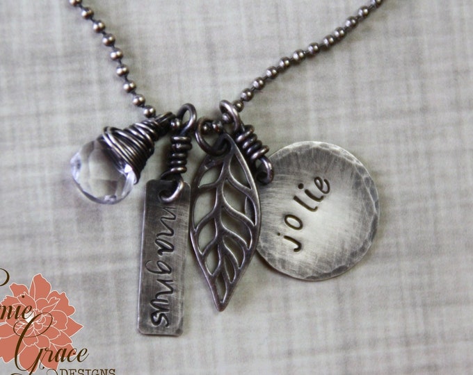 Mother's Leaf Necklace, Personalized Name Jewelry, Sterling Silver & Clear Quartz