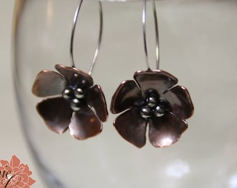 Copper and Sterling Silver Flower Earrings, Five Petal Flower Earrings - READY TO SHIP