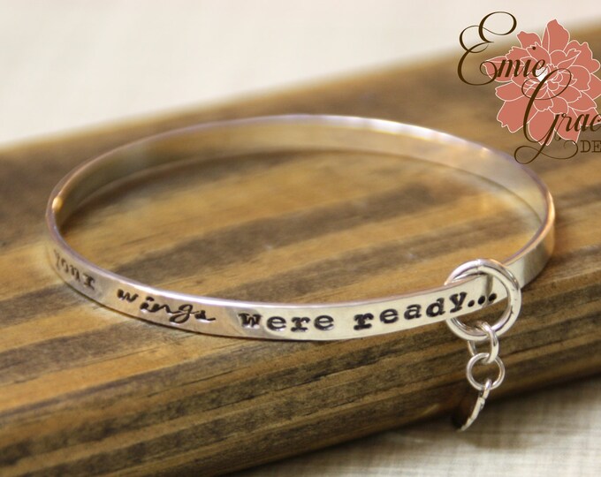 Your Wings were Ready, My Heart was Not, Sterling Silver Bangle Bracelet with Angel Wing, Memorial Bracelet