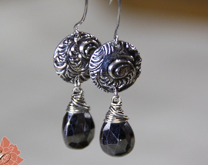 Pyrite and Fine Silver Floral Disk Earrings, Gemstone Drop Earrings, Black Earrings - READY TO SHIP