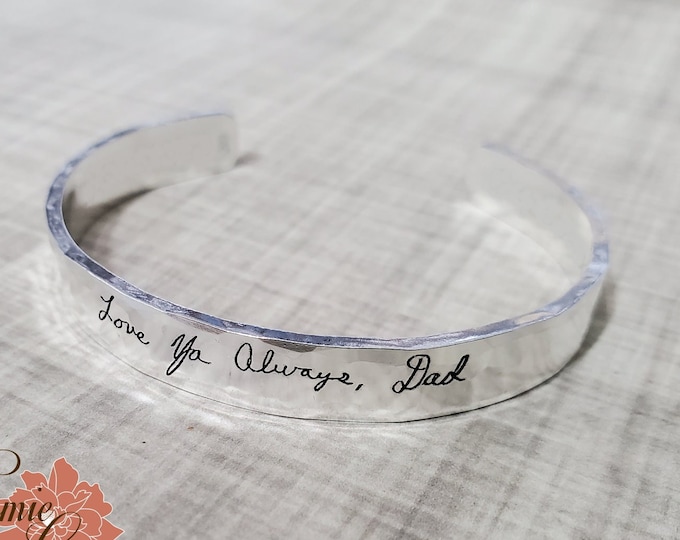 Engraved Handwriting Cuff Bracelet, Sterling Silver 6mm Hammered Cuff, Personalized Message, Engraved Bangle