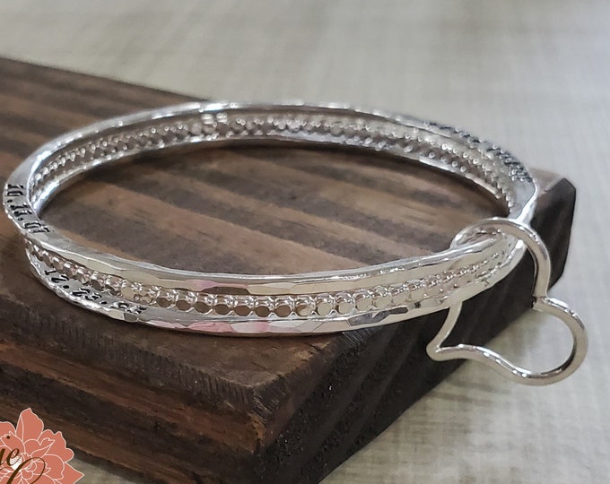 Three Sterling Silver Bangles & Silver Heart, Mothers Bracelet Set, Hand Stamped Names, Personalized